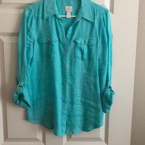Chico’s blue with gold buttons linen blouse size 0